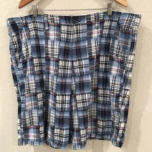 Faded Glory Men 44 Shorts Blue Patchwork Chino ORGANIC Flat Front 100% Cotton